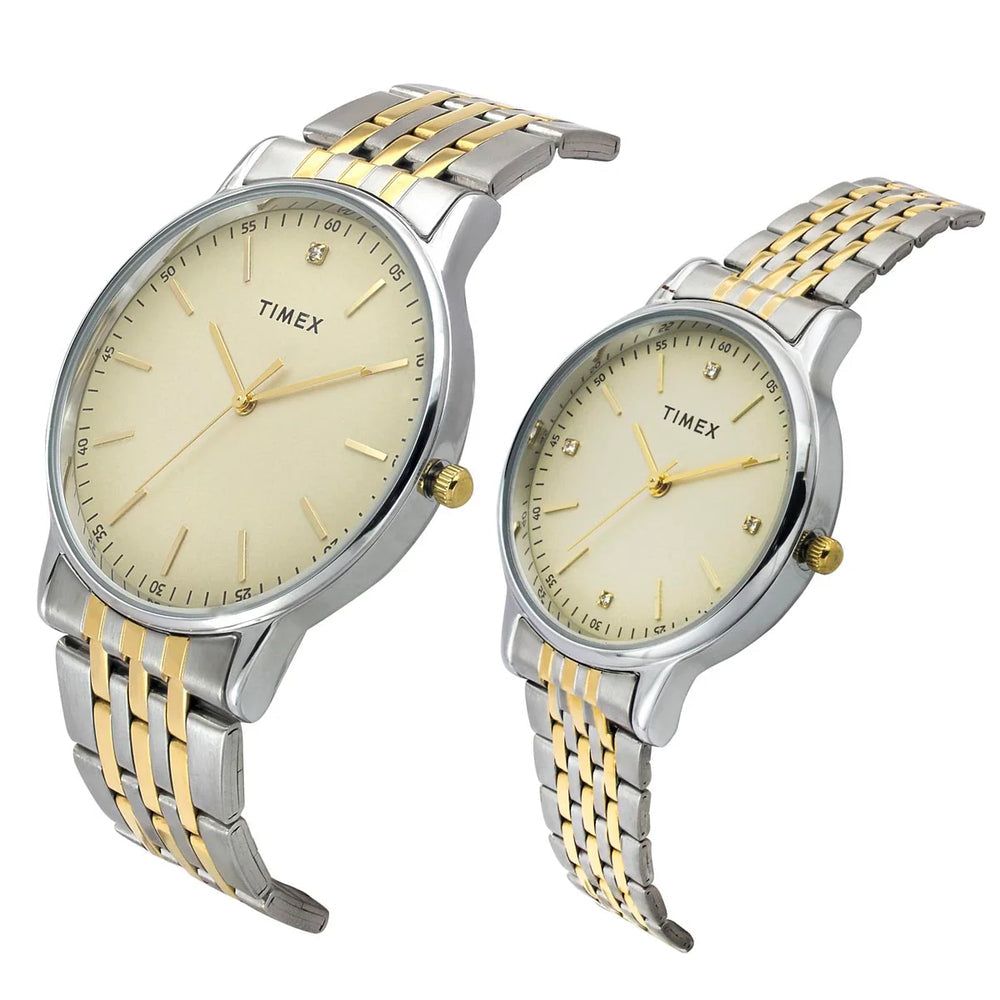 Timex TW00PR329 Pair’s Beige (Tan) Dial Quartz Analog Round Stainless Steel Watches