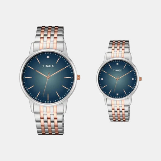 Timex TW00PR330 Blue Dial Pair’s Analog Watch Set with Two‑Tone Stainless Steel Bracelets and Quartz Movement
