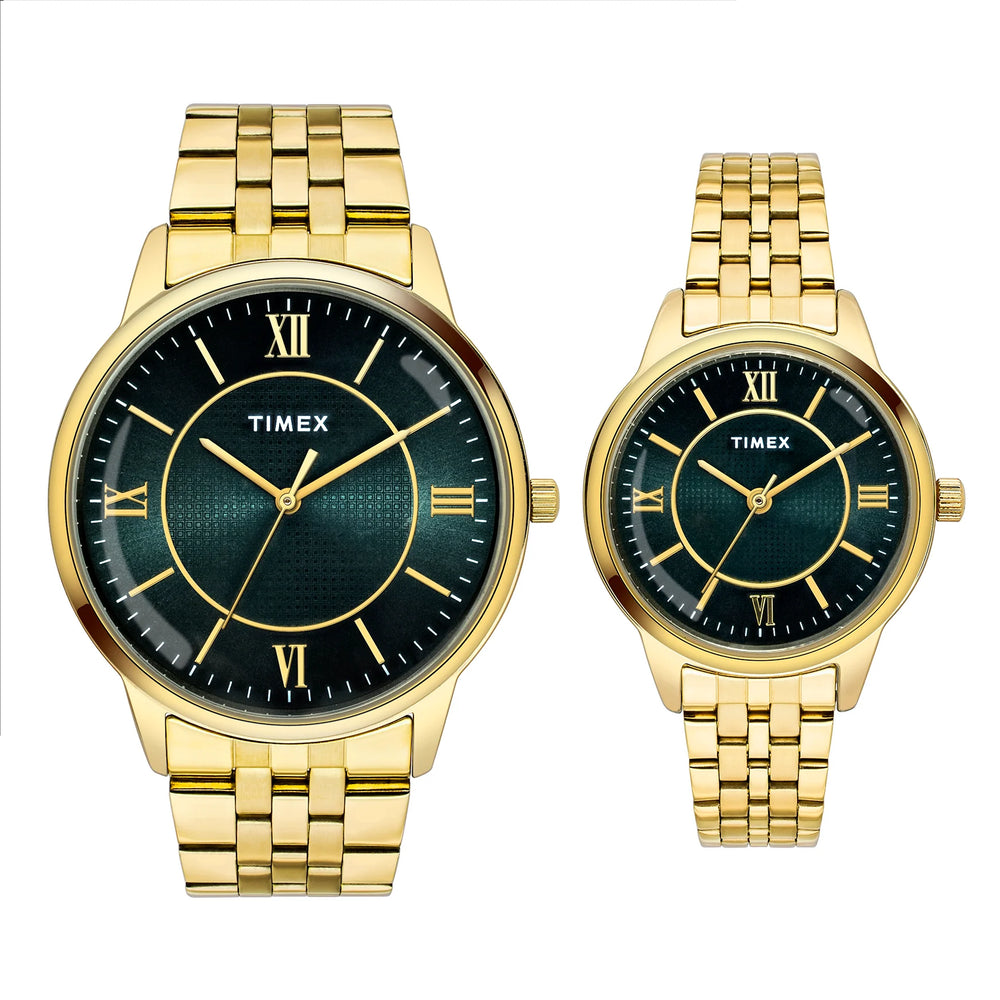 Timex TW00PR331 Couples’ Green Dial Analog Watch Set with Stainless-Steel Strap