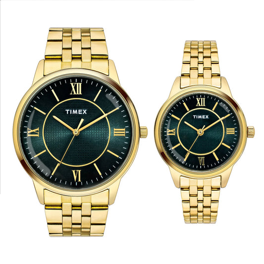 Timex TW00PR331 Couples’ Green Dial Analog Watch Set with Stainless-Steel Strap