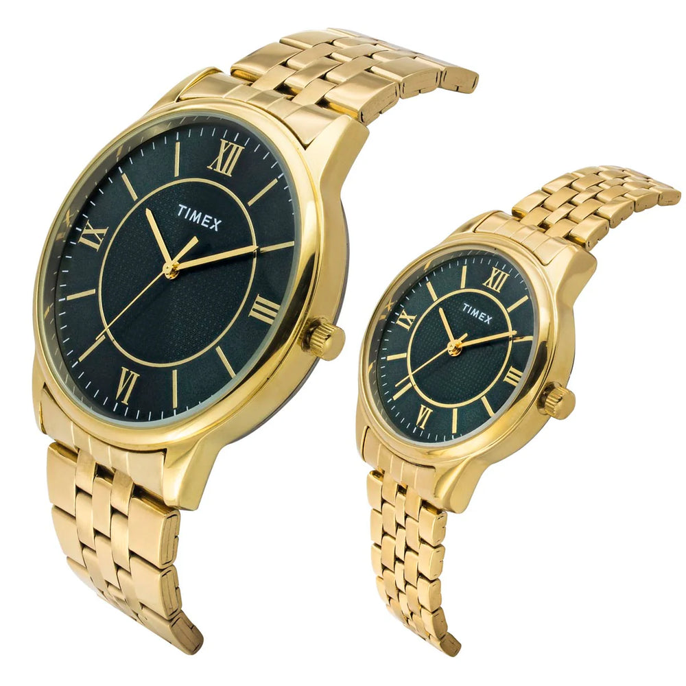 Timex TW00PR331 Couples’ Green Dial Analog Watch Set with Stainless-Steel Strap