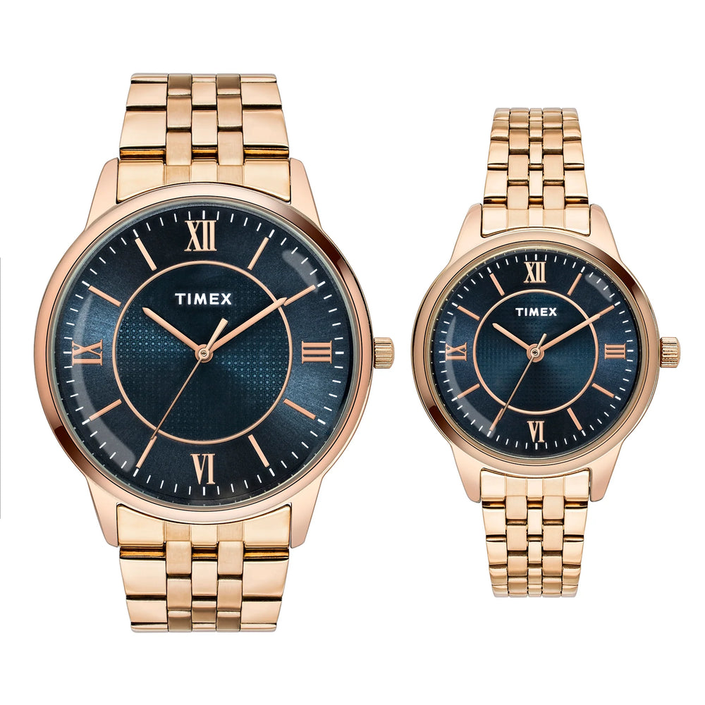 Timex TW00PR332 Couples’ Blue Dial Analog Watch Set with Stainless-Steel Strap