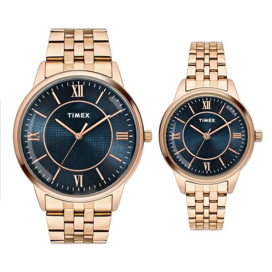 Timex TW00PR332 Couples’ Blue Dial Analog Watch Set with Stainless-Steel Strap