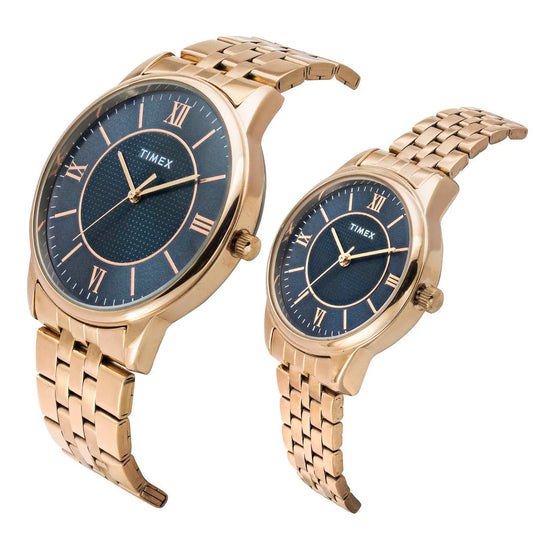 Timex TW00PR332 Couples’ Blue Dial Analog Watch Set with Stainless-Steel Strap