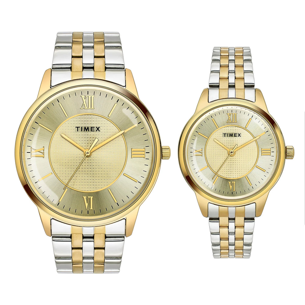 Timex TW00PR333 Couples’ Champagne Dial Analog Watch with Stainless Steel Strap