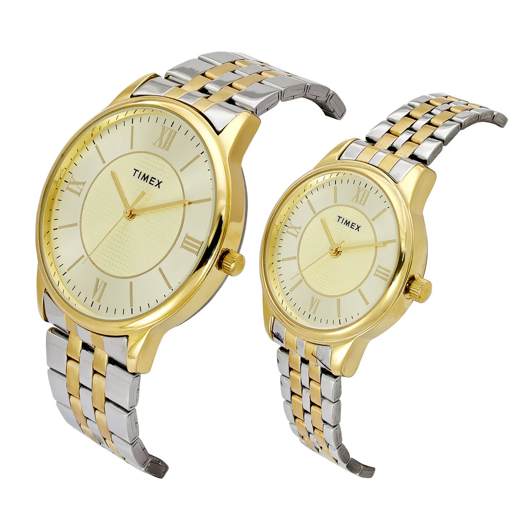 Timex TW00PR333 Couples’ Champagne Dial Analog Watch with Stainless Steel Strap