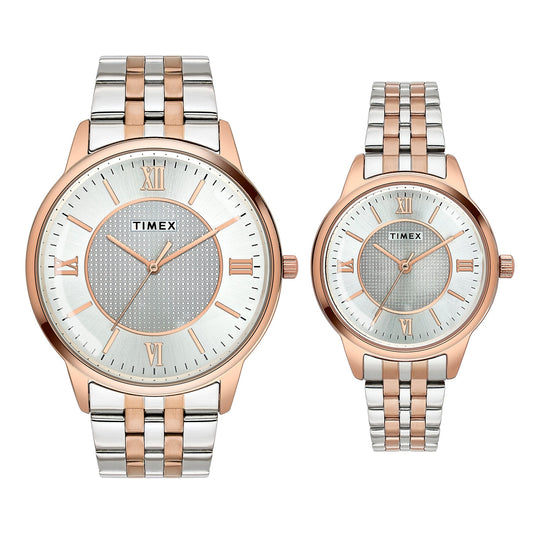 Timex TW00PR334 Couples’ Silver Dial Analog Watch Set with Stainless-Steel Strap
