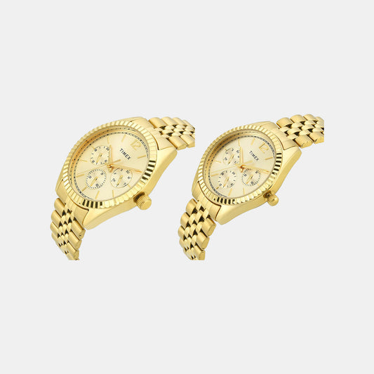 Timex TW00PR345 Quartz Analog Champagne Dial Round Pair’s Watch With Gold Stainless Steel Bracelet