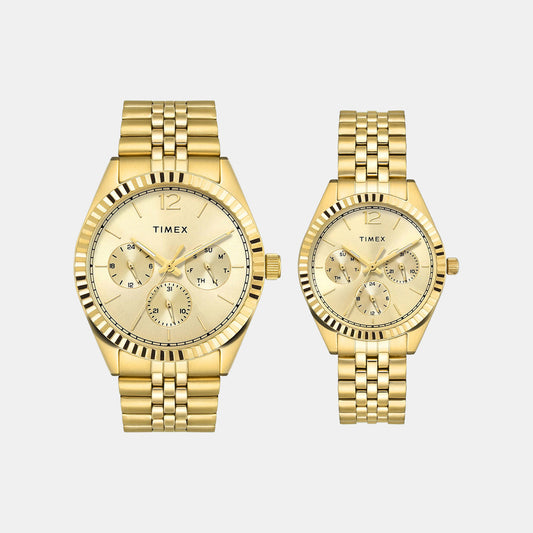 Timex TW00PR345 Quartz Analog Champagne Dial Round Pair’s Watch With Gold Stainless Steel Bracelet