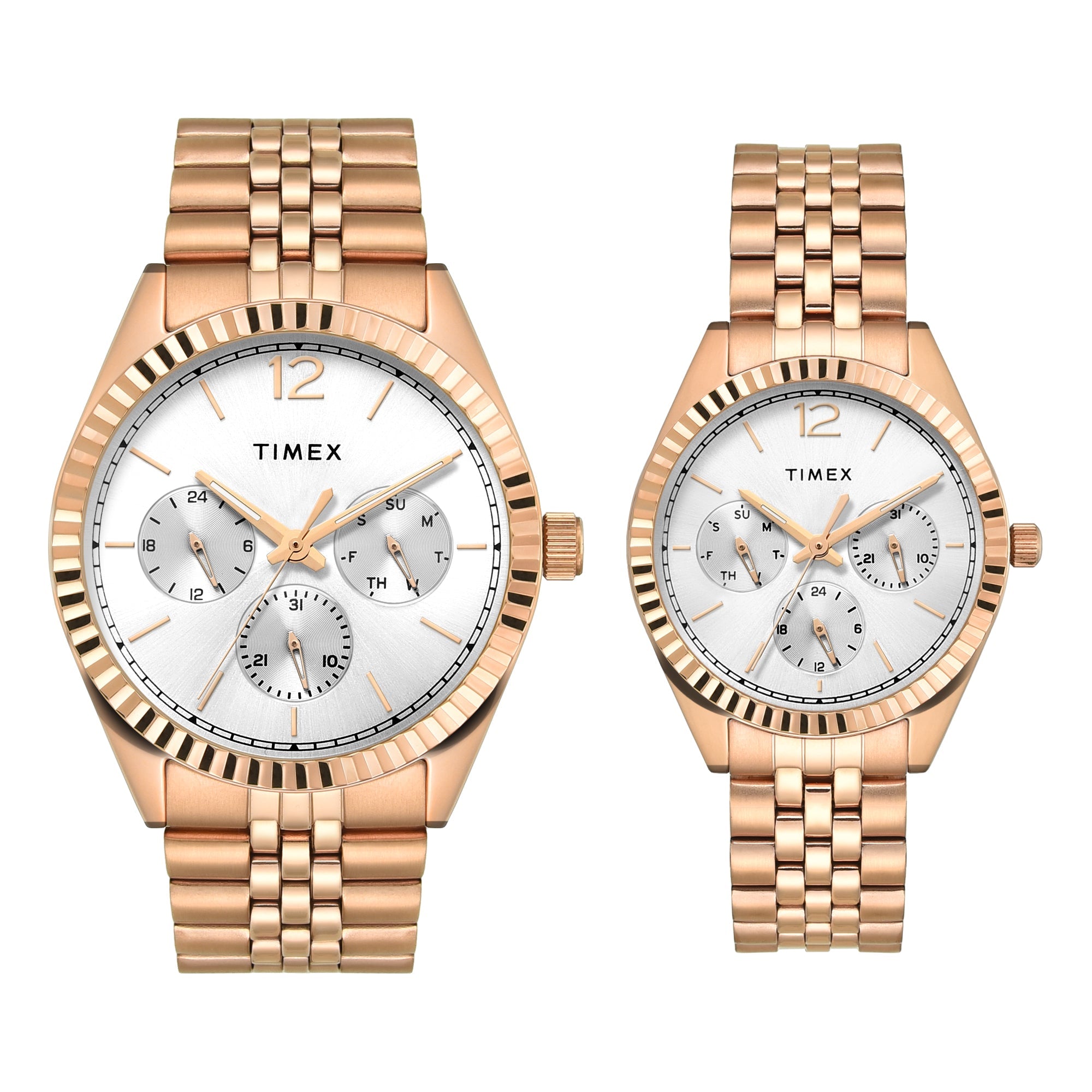Timex TW00PR346 Silver Round Dial Analog Pair’s Watch – Rose Gold Stainless Steel Strap, 43/34 MM Case
