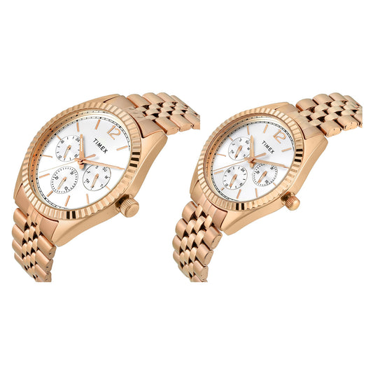 Timex TW00PR346 Silver Round Dial Analog Pair’s Watch – Rose Gold Stainless Steel Strap, 43/34 MM Case