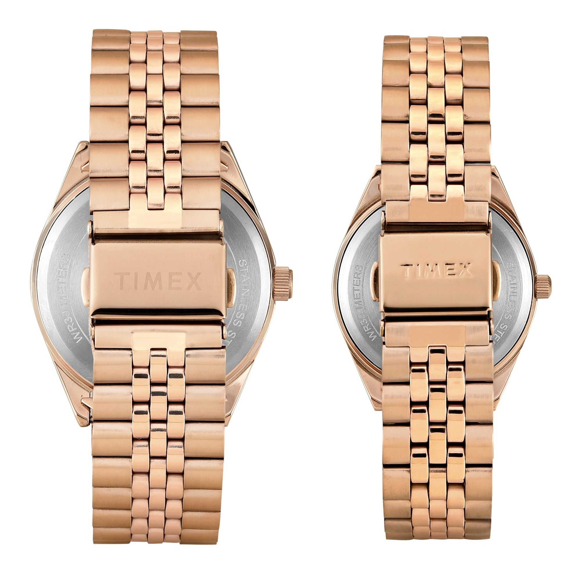 Timex TW00PR346 Silver Round Dial Analog Pair’s Watch – Rose Gold Stainless Steel Strap, 43/34 MM Case