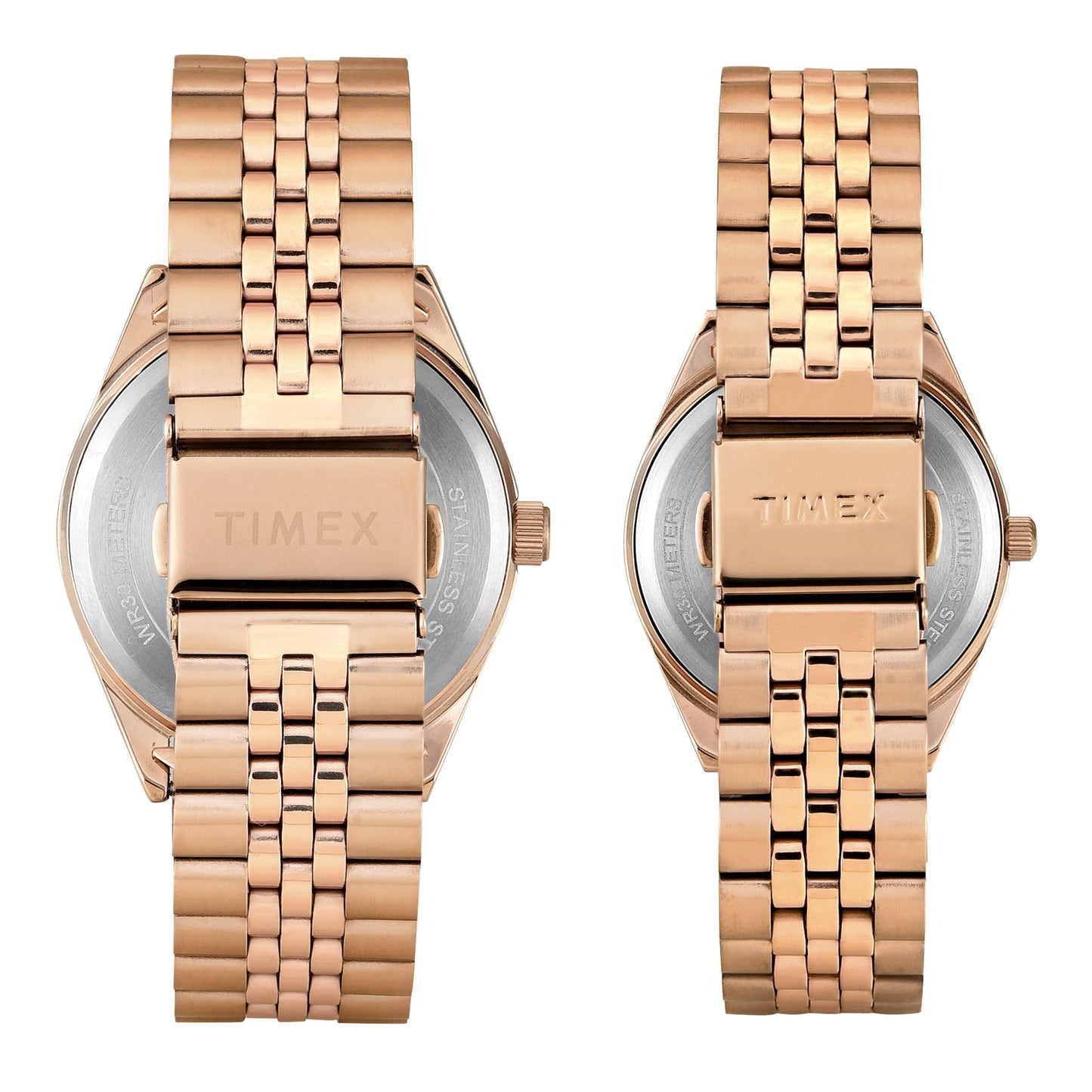 Timex TW00PR346 Silver Round Dial Analog Pair’s Watch – Rose Gold Stainless Steel Strap, 43/34 MM Case