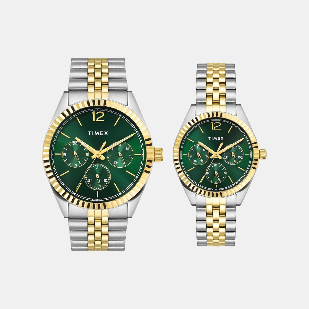 Timex TW00PR347 Quartz Analog Green Round Dial Two-Tone Stainless Steel Pair’s Watch With Multifunction Features