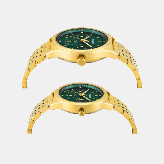 Timex TW00PR348 Quartz Analog Green Round Dial Two-Tone Stainless Steel Pair’s Watch For Couple