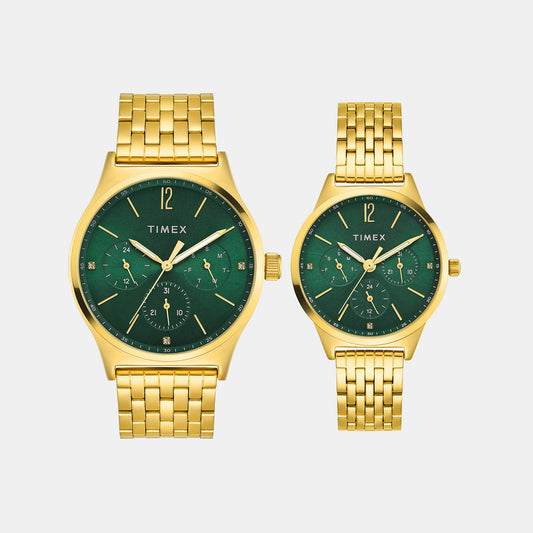 Timex TW00PR348 Quartz Analog Green Round Dial Two-Tone Stainless Steel Pair’s Watch For Couple