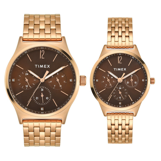 Timex TW00PR349 Brown Round Dial Analog Pair’s Watch – Rose Gold Stainless Steel Strap, 42/36 MM Case