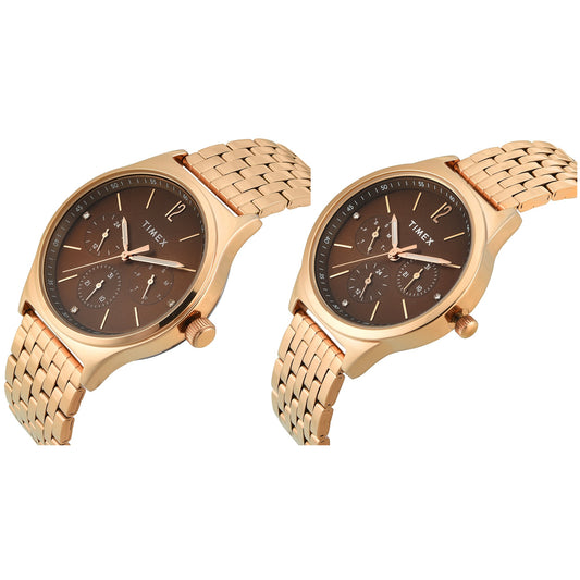 Timex TW00PR349 Brown Round Dial Analog Pair’s Watch – Rose Gold Stainless Steel Strap, 42/36 MM Case