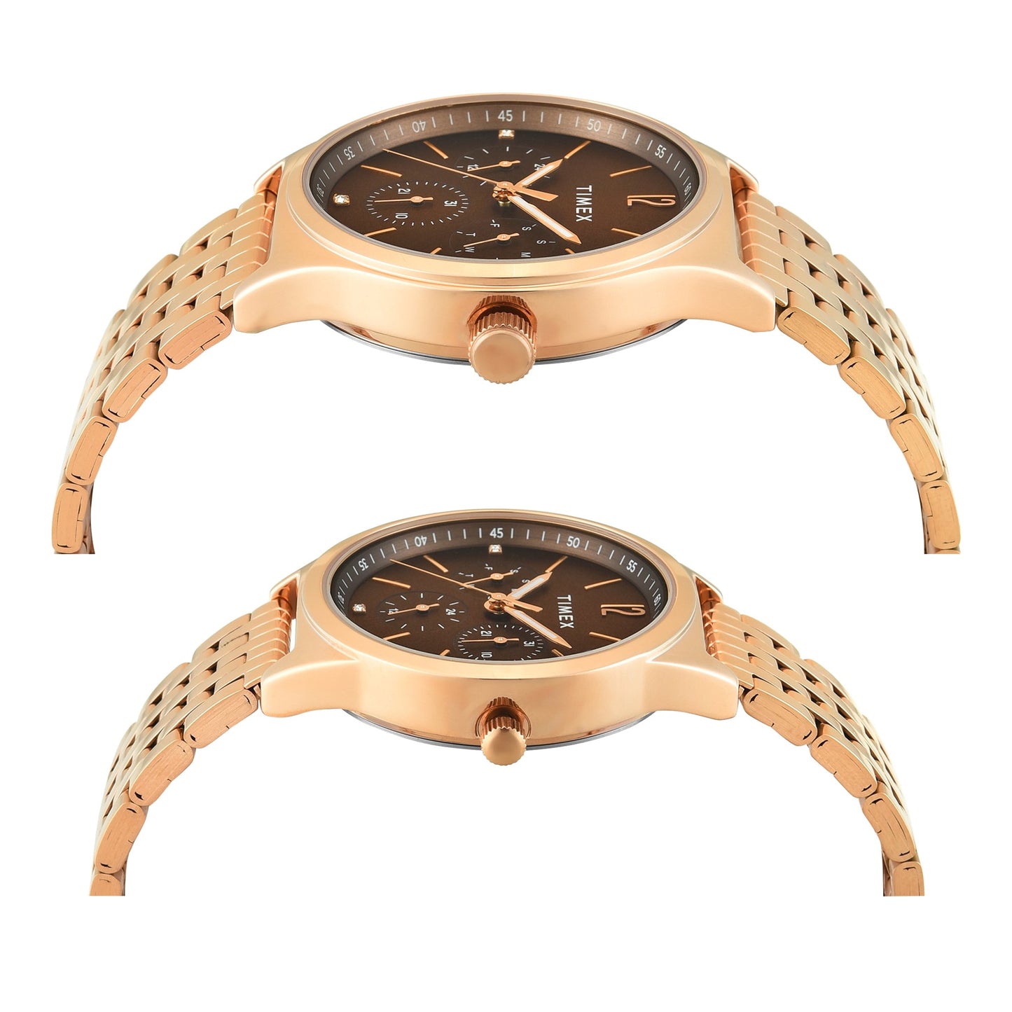 Timex TW00PR349 Brown Round Dial Analog Pair’s Watch – Rose Gold Stainless Steel Strap, 42/36 MM Case