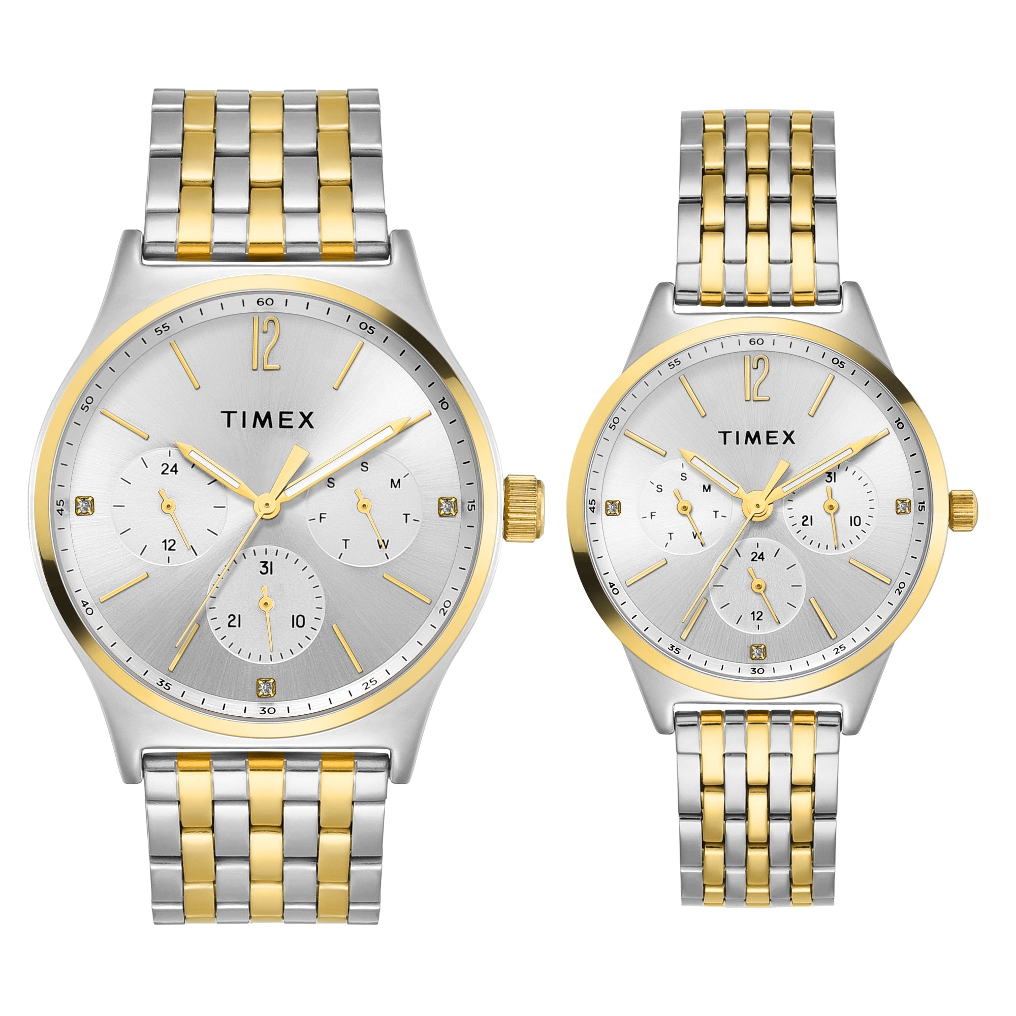 Timex TW00PR350 Silver Round Dial Analog Pair’s Watch – Two-Tone Stainless Steel Strap, 42/36 MM Case