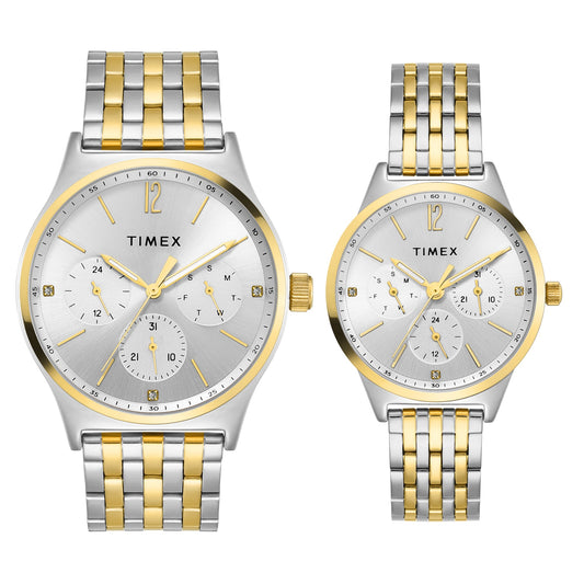 Timex TW00PR350 Silver Round Dial Analog Pair’s Watch – Two-Tone Stainless Steel Strap, 42/36 MM Case