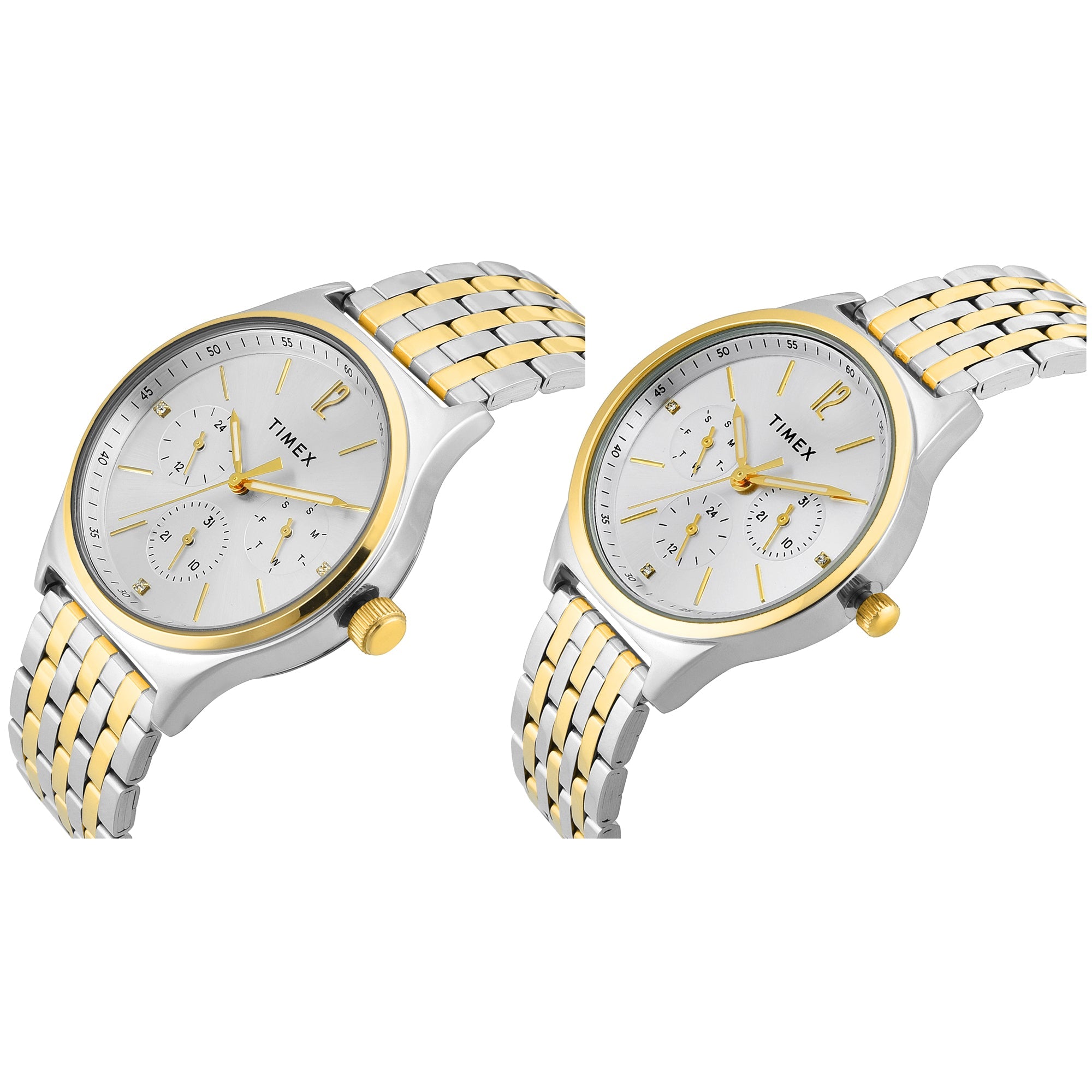 Timex TW00PR350 Silver Round Dial Analog Pair’s Watch – Two-Tone Stainless Steel Strap, 42/36 MM Case