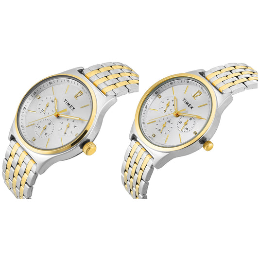 Timex TW00PR350 Silver Round Dial Analog Pair’s Watch – Two-Tone Stainless Steel Strap, 42/36 MM Case