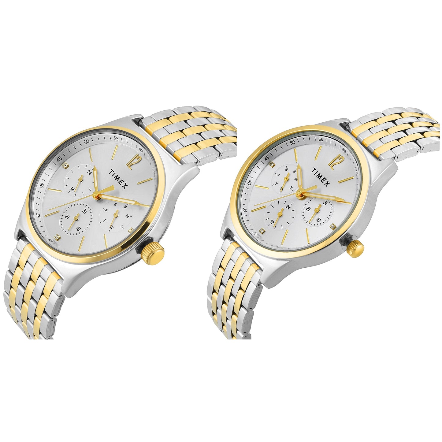 Timex TW00PR350 Silver Round Dial Analog Pair’s Watch – Two-Tone Stainless Steel Strap, 42/36 MM Case