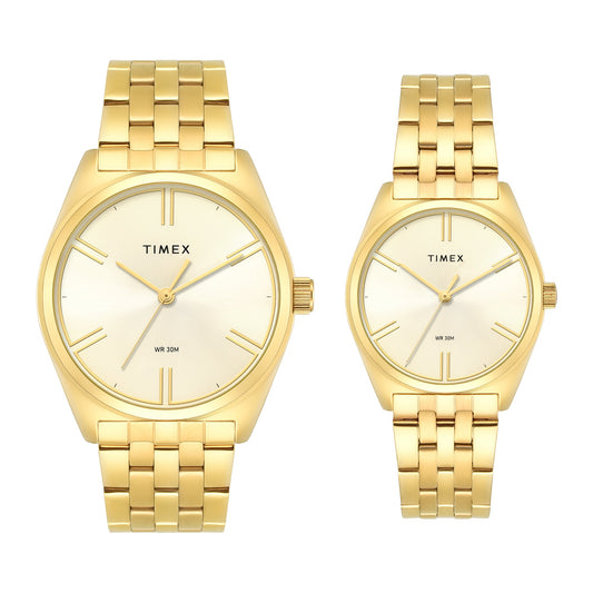 Timex TW00PR362 Trendline Quartz Analog Couple Watch Set Champagne Dial Two-Tone Watches