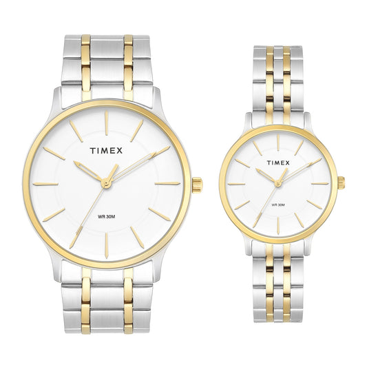 Timex TW00PR363 Quartz Analog Couple Watch Set White Dial Two-Tone Stainless Steel His & Her Watches