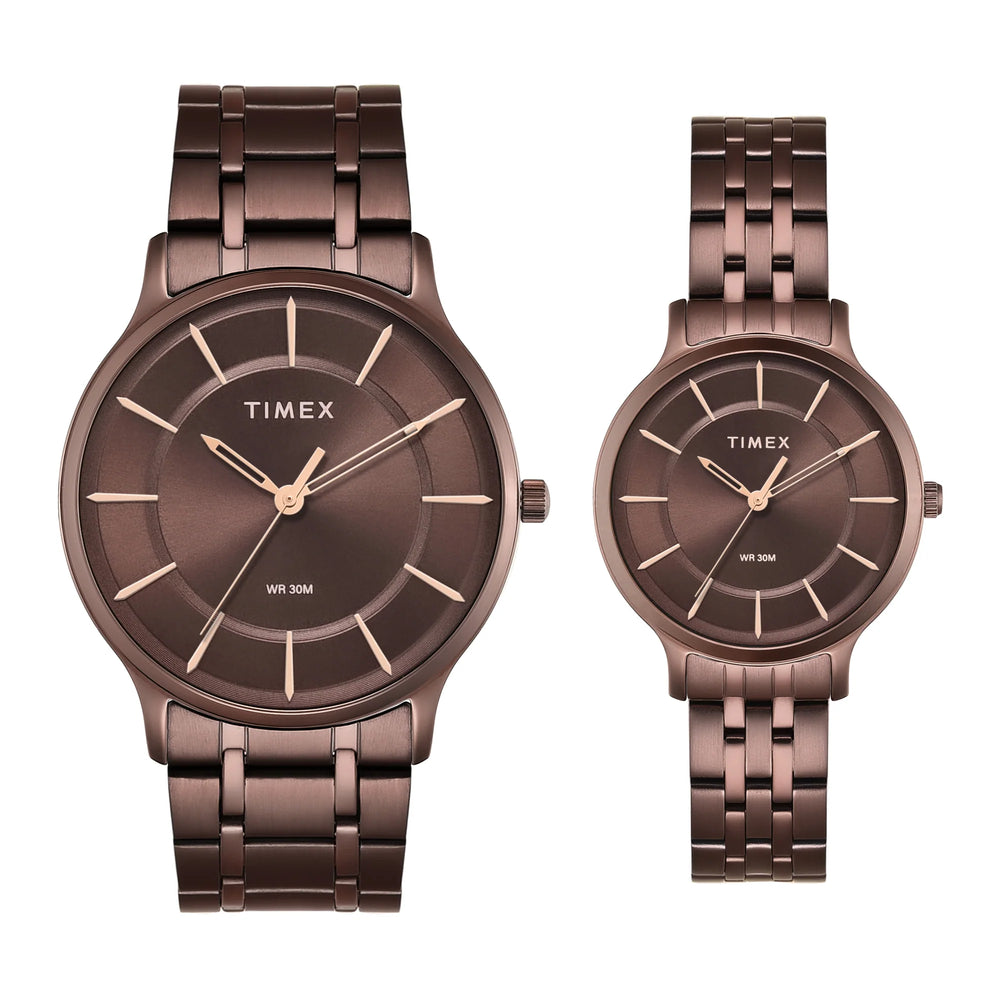 Timex TW00PR364 Quartz Analog Couple Watch Set Brown Dial Brown Stainless Steel His & Her Watches
