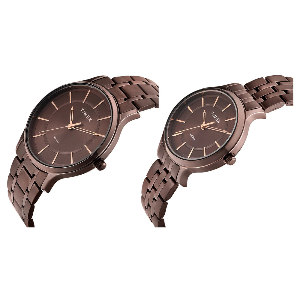 Timex TW00PR364 Quartz Analog Couple Watch Set Brown Dial Brown Stainless Steel His & Her Watches
