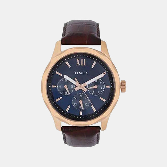 Timex TW0TG7601 Analog Quartz Watch for Men – Blue Dial, Brown Leather Strap