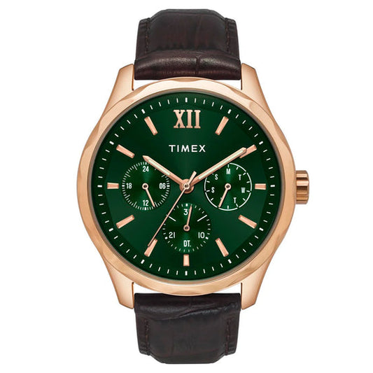 Timex TW0TG7634 Men’s Green Dial Analog Watch with Brown Leather Strap