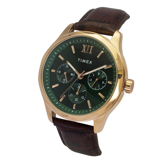 Timex TW0TG7634 Men’s Green Dial Analog Watch with Brown Leather Strap