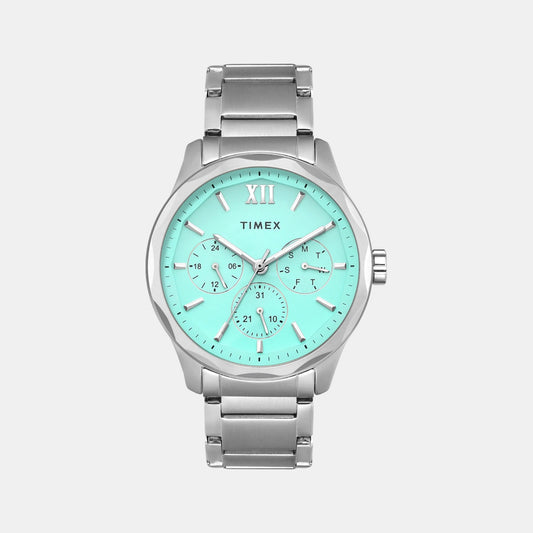 Timex TW0TG7639 Men’s Tiffany-Blue Dial Analog Watch with Silver Stainless-Steel Strap