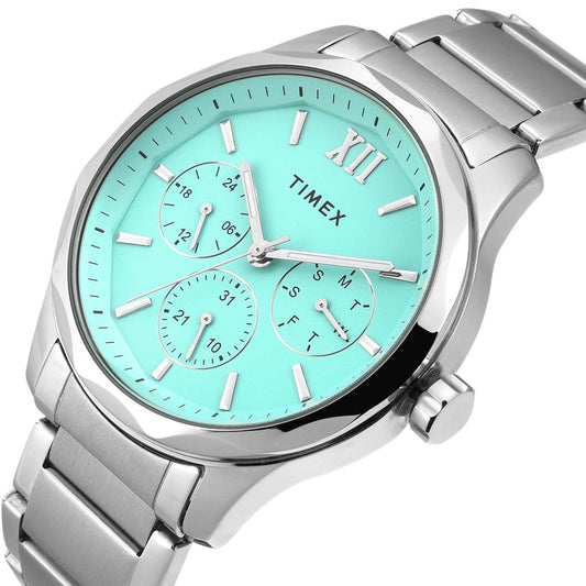 Timex TW0TG7639 Men’s Tiffany-Blue Dial Analog Watch with Silver Stainless-Steel Strap