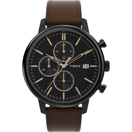 Timex Trend TW2W13200UJ Quartz Analog Black Dial Round Watch With Brown Leather Strap For Men