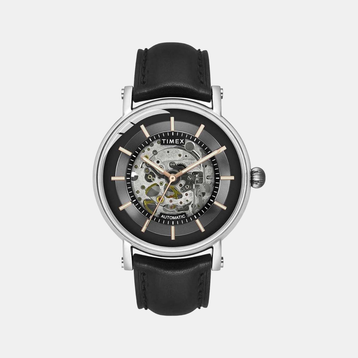 Timex TWEG16716 Black Leather Strap Round Case Automatic Analog Men Watch – Black Dial, 44 mm