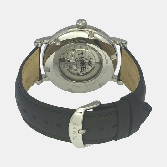 Timex TWEG16716 Black Leather Strap Round Case Automatic Analog Men Watch – Black Dial, 44 mm