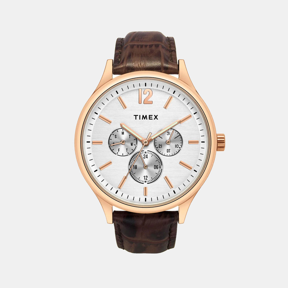 Timex TWEG18433 Men’s White Dial Quartz Analog Round Leather Strap Watch