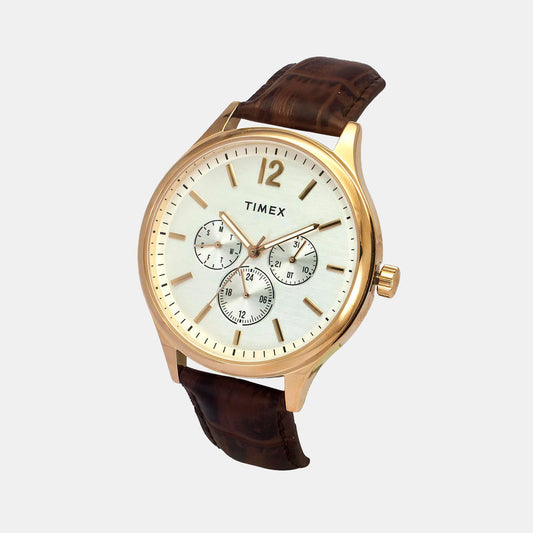 Timex TWEG18433 Men’s White Dial Quartz Analog Round Leather Strap Watch