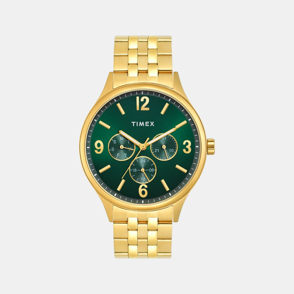 Timex TWEG18440 Men’s Green Dial Analog Watch with Gold-Tone Brass Case