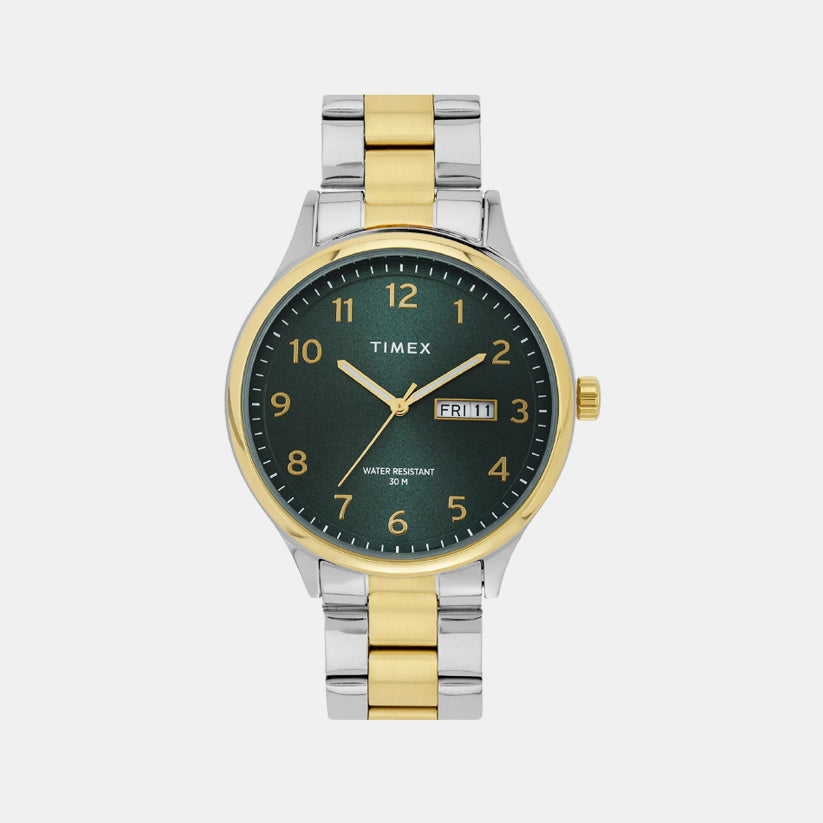 Timex TWEG18443 — Green Dial Round Case Analog Men Watch with Stainless Steel Bracelet and Quartz Movement