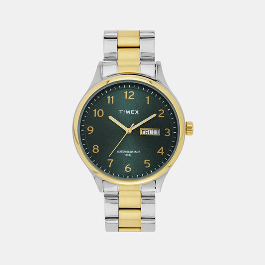 Timex TWEG18443 — Green Dial Round Case Analog Men Watch with Stainless Steel Bracelet and Quartz Movement