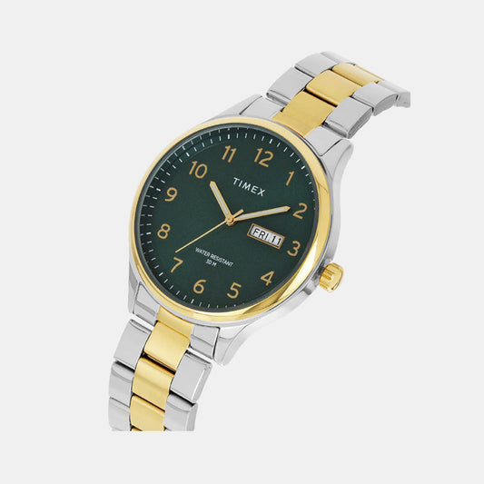 Timex TWEG18443 — Green Dial Round Case Analog Men Watch with Stainless Steel Bracelet and Quartz Movement