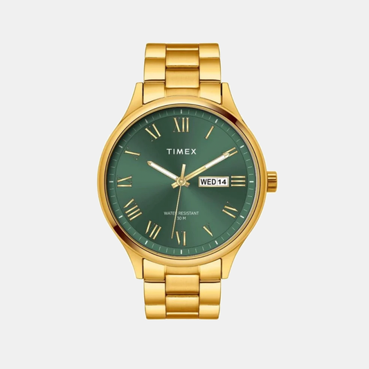 Timex TWEG18446 Men’s Green Dial Analog Watch with Gold Stainless Steel Strap