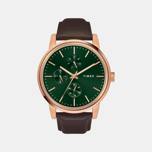 Timex TWEG18905 Green Dial Brown Leather Strap Analog Men Watch – Round Case, Quartz Movement