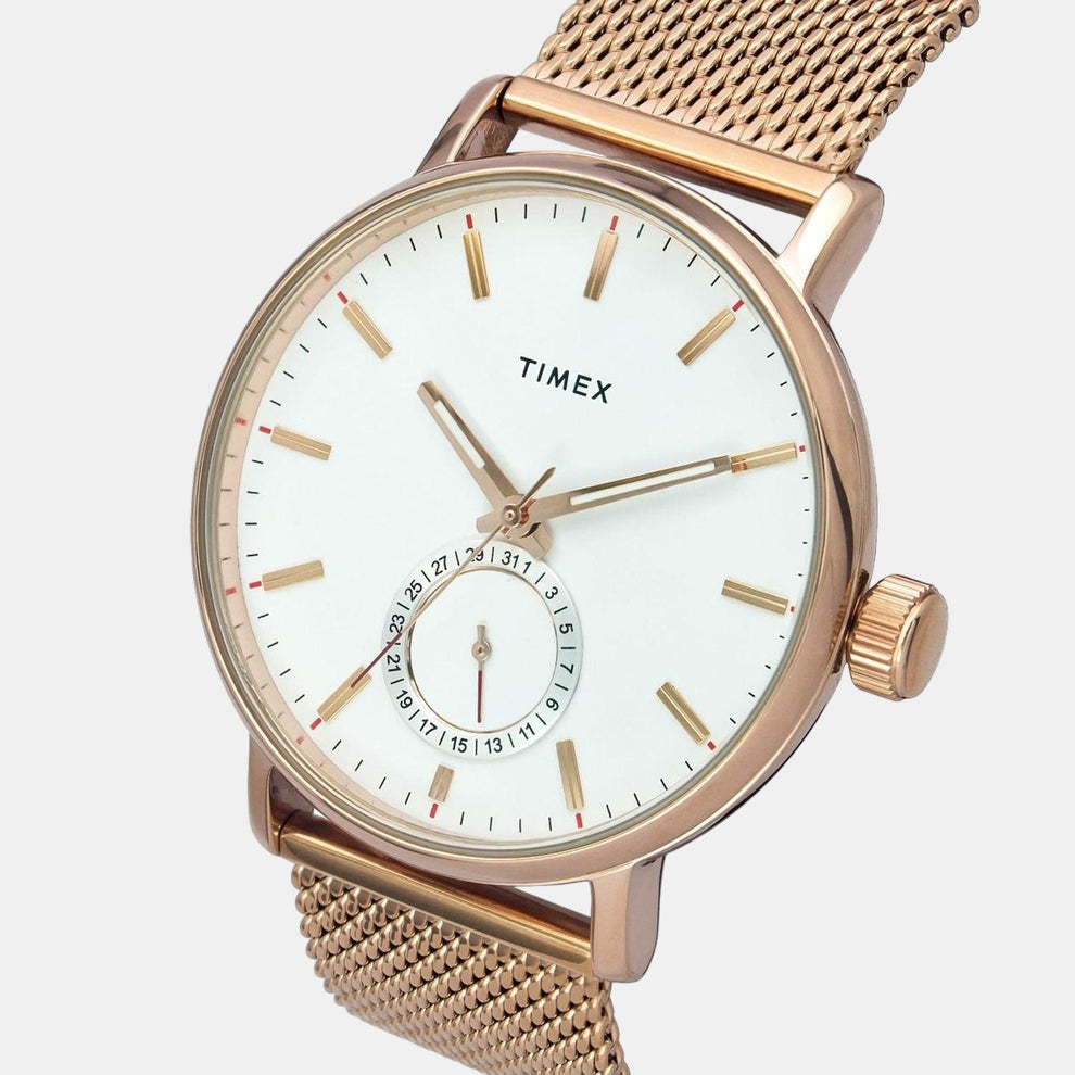 Timex TWEG20002 Men Analog Quartz White Dial Watch with Rose Gold Stainless Steel Mesh Strap