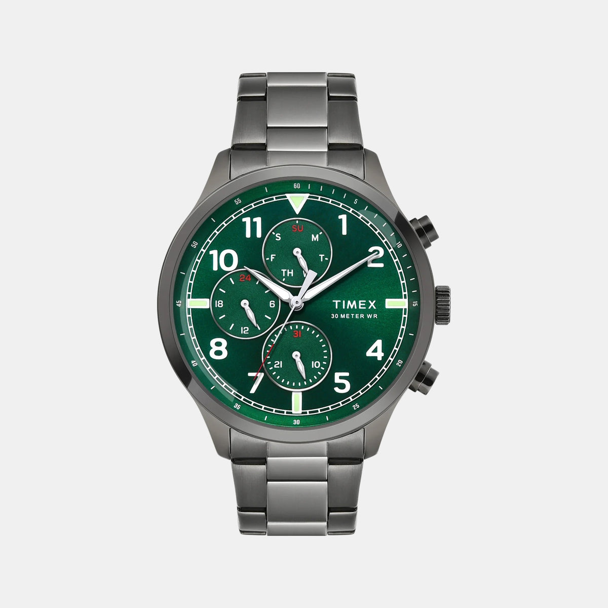 Timex TWEG23903 Green Dial Round Case Analog Men Watch – Gunmetal Stainless Steel Bracelet, Quartz Movement
